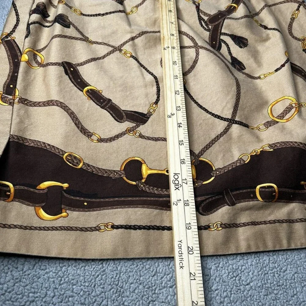 Talbots Petites Skirt Womens 10P Tan Equestrian Horse Bit Print Cotton Made USA